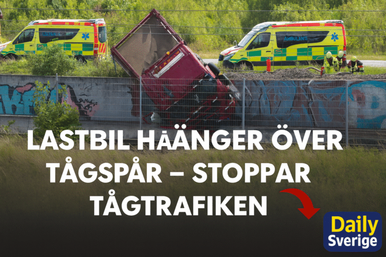 Lastbil hänger över tågspår