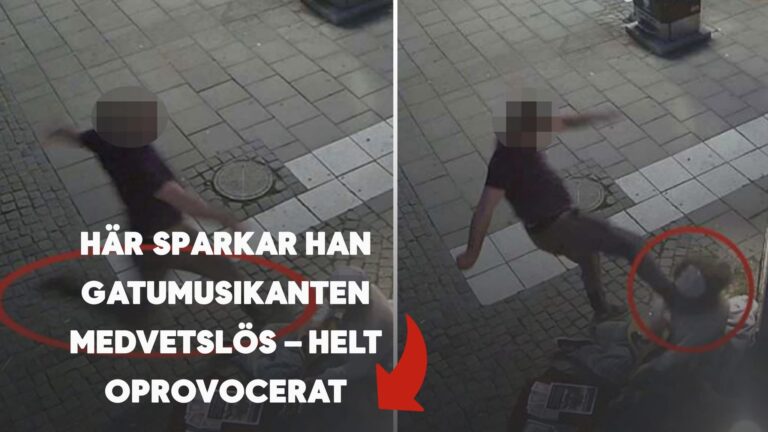 Här sparkar han gatumusikanten medvetslös – helt oprovocerat